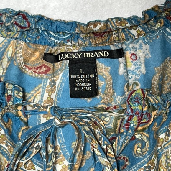 Lucky Brand Tops - Lucky Brand Blue Paisley Patchwork 100% Cotton Peasant Blouse Top Sz L Boho